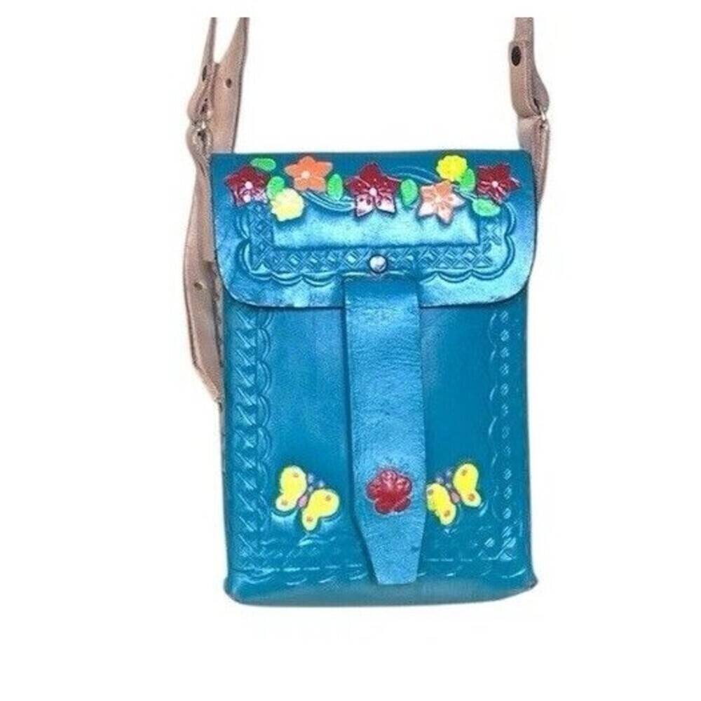 Colorful Leather Crossbody Purse Mini Bag Made In Mexico Tooled Floral Festival - Picture 9 of 9